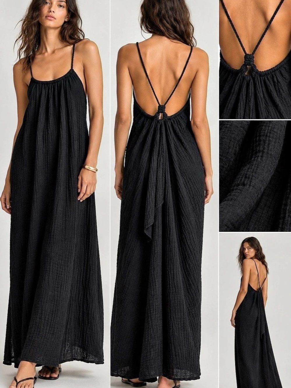 Zara Black Textured Open Back Braided Strap Maxi Dress Size L